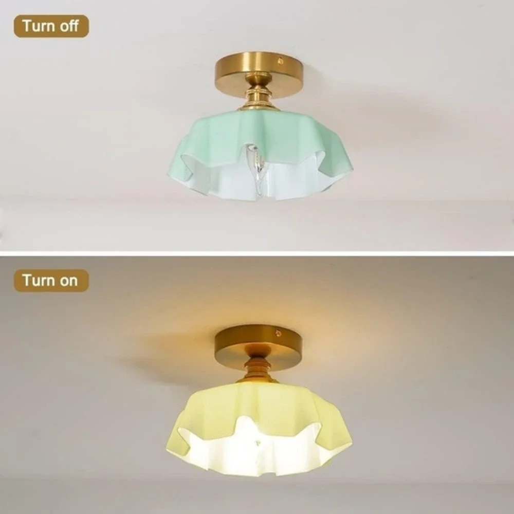 DSMJFU Brass Semi Flush Mount Ceiling Light Green Glass Small Flush Fixture NEW!